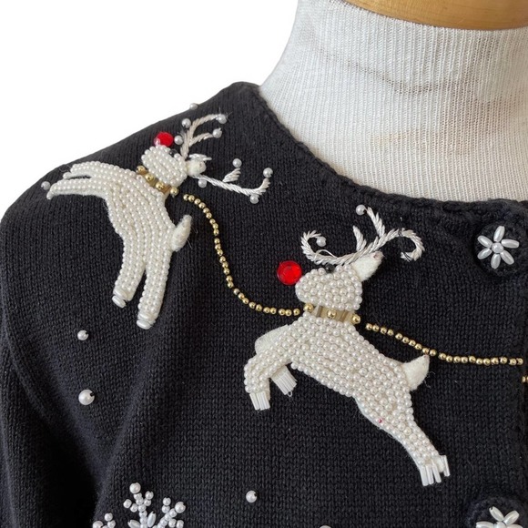 Michael Simon Cardigan Christmas Sweater Art Santa Claus Beaded Reindeer Large - Picture 10 of 16